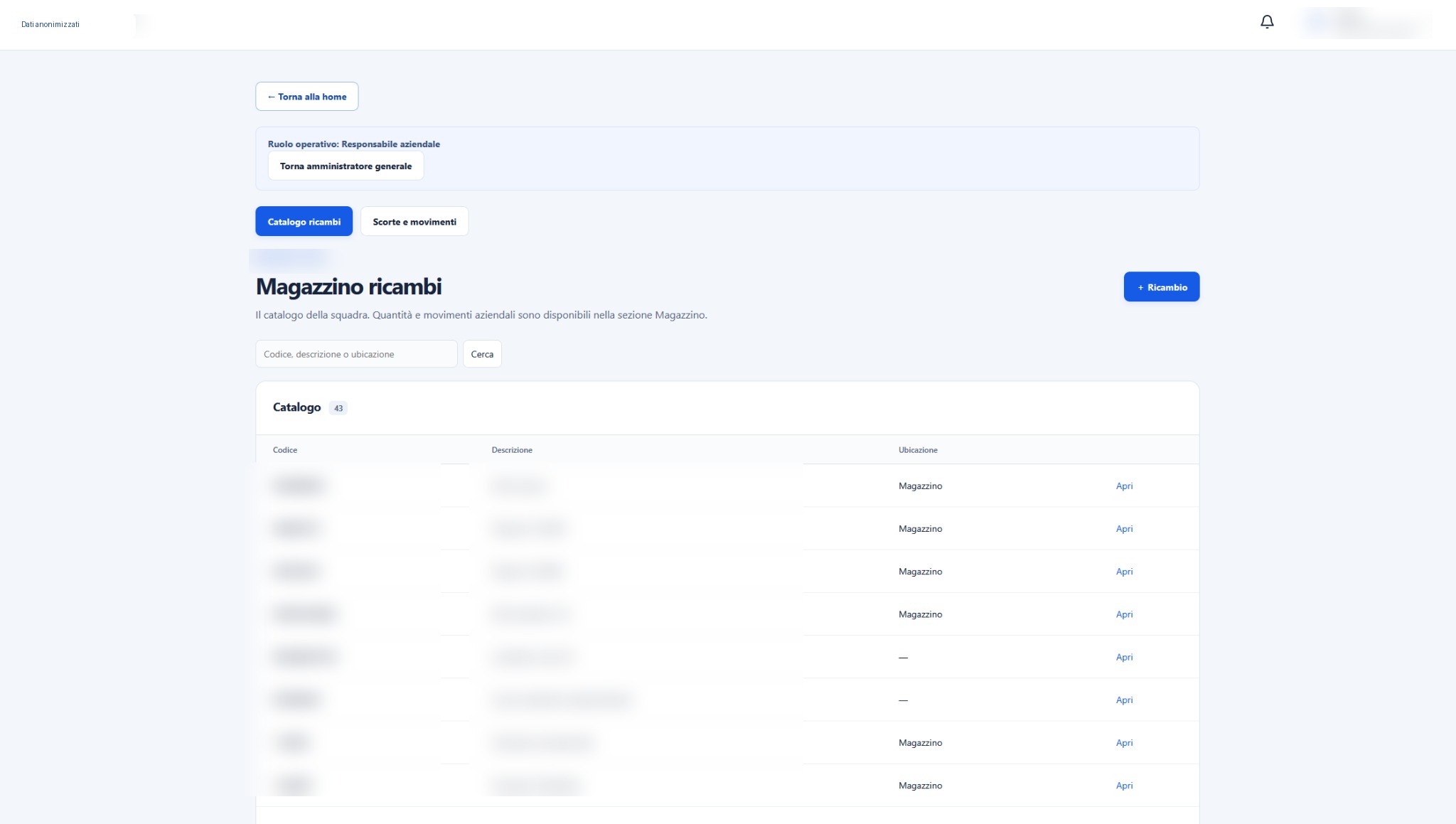 Gestione magazzino ricambi Clouvelio con dati anonimizzati
